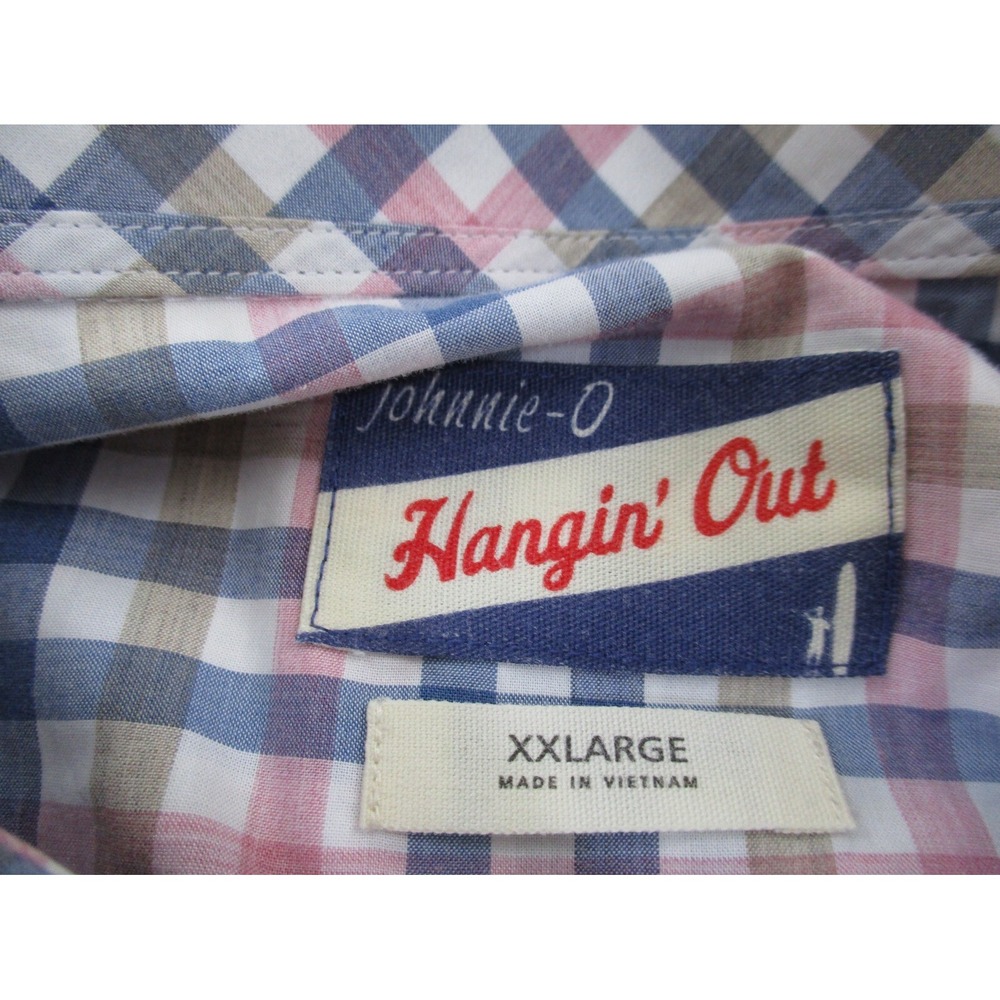 Johnnie O Shirt Mens 2XL XXL Blue Pink Button Preppy Plaid Cotton Check Casual